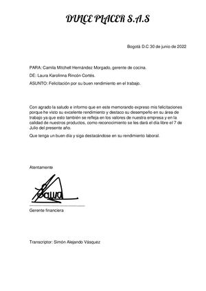 Memorando De Felicitación