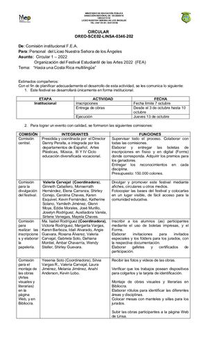 Circular 346 Organización Del Festival Estudiantil De Las Artes 2022 (Fea)