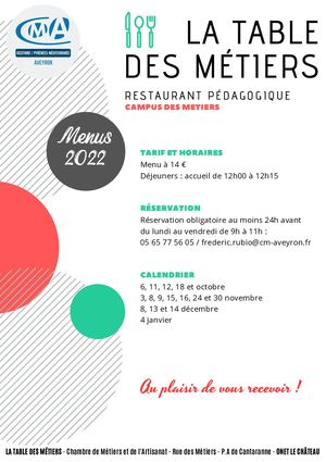 La Table des Métiers : carte des menus 2022