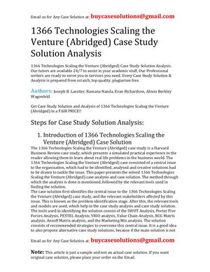 1366 Technologies Scaling The Venture (Abridged) Case Study Solution Analysis