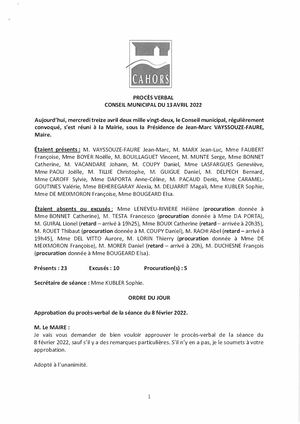 Procès verbal du conseil municipal - Séance du 13 avril 2022