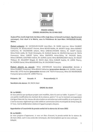 Procès verbal du conseil municipal - Séance du 23 mai 2022