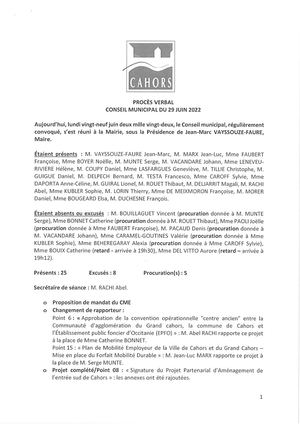 Procès verbal du conseil municipal - Séance du 29 juin 2022