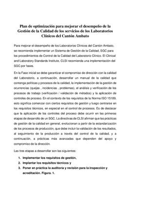Plan De Optimización Gestion De Calidad