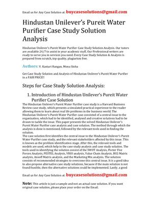 Hindustan Unilever's Pureit Water Purifier Case Study Solution Analysis