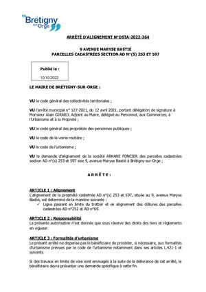 DSTA 2022 364 Arrêté D'alignement 9, Avenue Maryse Bastié.