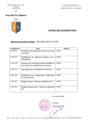 Listing Délibérations 05 Octobre 2022
