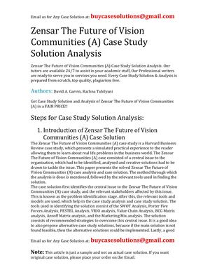 Zensar The Future Of Vision Communities (A) Case Study Solution Analysis