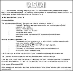Vacancy: Workshop Admin Officer