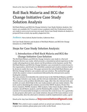Roll Back Malaria And BCG The Change Initiative Case Study Solution Analysis
