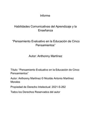 Pensamiento Evaluativo En La Educación De Cinco Pensamientos