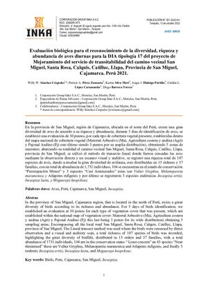 Evaluación Biológica de Aves diurnas, provincia de San Miguel, Cajamarca, Perú. 2021