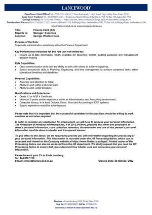 Vacancy Finance Clerk October 2022