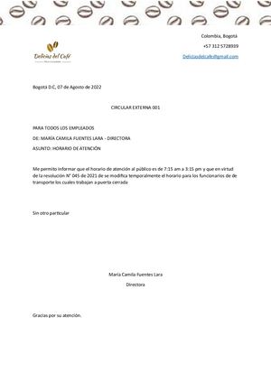Circular Externa Informando Los Horarios De Atención