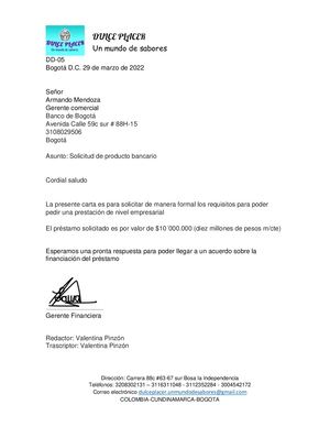 Carta Solicitando Un Producto Bancario