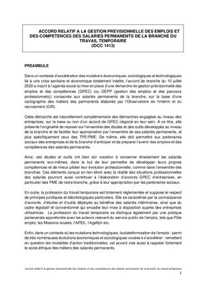 Accord Relatif à La Gpec Des Salariés Permanents De La Branche Du Travail Temporaire