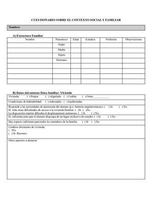 Cuestionario Sobre El Contexto Social Y Familiar