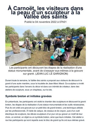 Le Telegramme (041122) À Carnoët, Les Visiteurs Dans La Peau D’un Sculpteur à La Vallée Des Saints