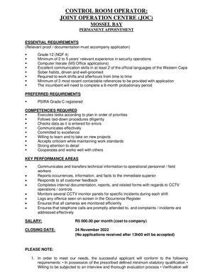 Advert For Joc Control Room Operator