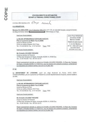 La citation en diffamation d'Olivier VAGNEUX par le Département de l'Essonne et Éric MEHLHORN