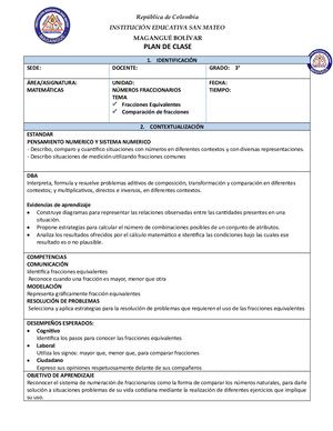PLAN DE CLASE DE MATEMÁTICAS (COMPARAICIÓN DE FRACCIONES).