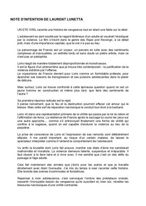 Dossier d'aide à la production - Un été viril, Laurent Lunetta