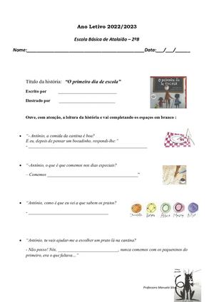 Ficha De Leitura O Primeiro Dia De Escola De Antonio Mota