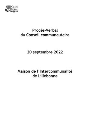 PV DU CONSEIL COMMUNAUTAIRE CAUX SEINE AGGLO DU 20 09 2022