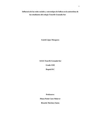 Influencia De Las Redes Sociales Y Estereotipos De Belleza En La Autoestima De Los Estudiantes Del Colegio Tenerife Granada Sur