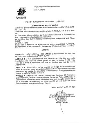22 At 1223 Arrête De Réglementation Rue Flatters à Amiens Le 04 12 2022