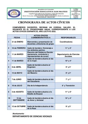 Cronograma De Actos Cívicos 2022