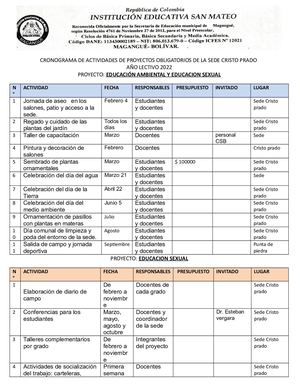 CRONOGRAMA DE ACTIVIDADES DE PROYECTOS OBLIGATORIOS DE LA SEDE CRISTO PRADO