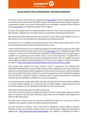Regolamento Welcome Program e Newsletter Expert