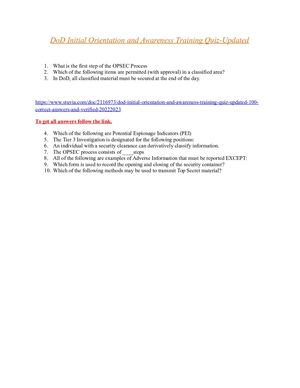 Do D Initial Orientation And Awareness Training Quiz Updated Qs N Link