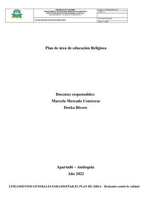 Plan De Area De Religion Preliminares 2022