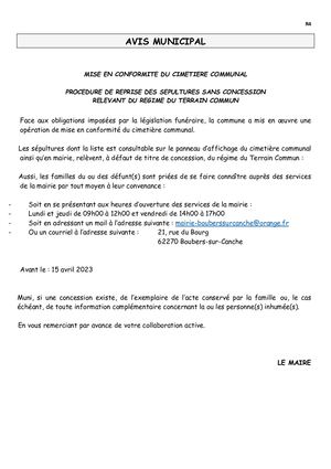 Avis municipal procédure des reprises de tombes sans concession et liste des tombes concernées