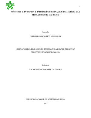 Actividad 2 Evidencia 2 Informe De Observación De Acuerdo A La Resolución Crc 4262 De 2013