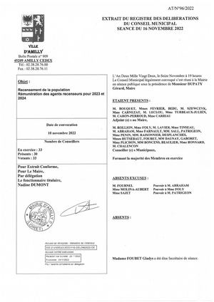 Délibération N°96:2022 Recensement De La Population Rémunération Des Agents Recenseurs Pour 2023 Et 2024