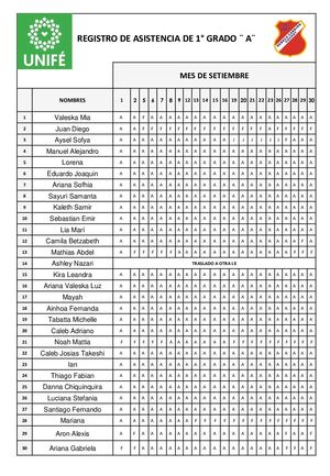 Relación de Asistencia de 1° Grado A-Final (setiembre, octubre y noviembre)