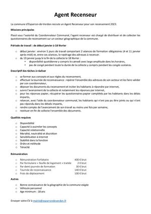 Fiche De Poste Agent Recenseur