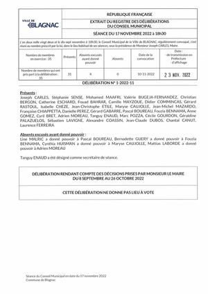 Délibérations du conseil municipal du 17 novembre 2022