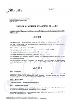 2022 1073 Arrêté D'alignement Individuel 21 Rue De Dijon Propriété Cadastrée Section Ai N°21