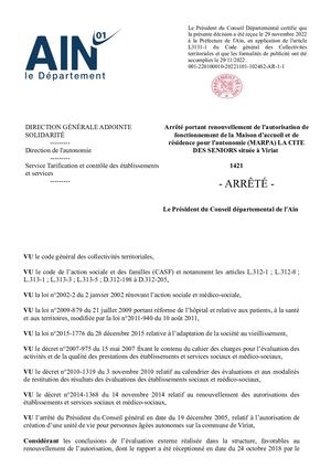 Arrêté MARPA La Cité Des Séniors à Viriat
