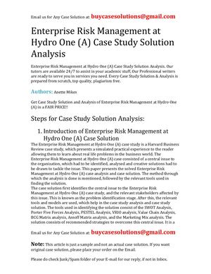 Enterprise Risk Management At Hydro One (A) Case Study Solution Analysis