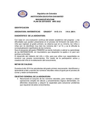 PLAN DE AREA MATEMATICAS  GRADO 1°.