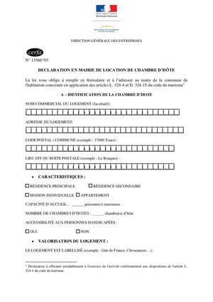 Formulaire Déclaration Ch. Hôtes - Cerfa 13566