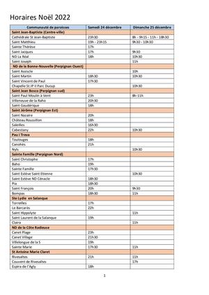 Tableau Horaires Noel 2022