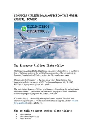 Singapore Airlines Dhaka Office Contact Number