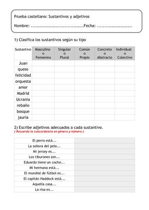 Prueba Castellano Sustantivos Y Adjetivos