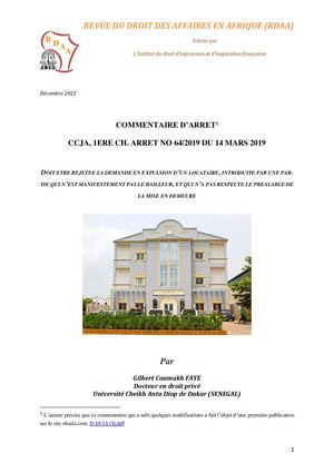 Rdaa, Décembre 2022, Commentaire D’arrêt Ccja, 1ère Ch Arrêt No 64 2019 Du 14 Mars 2019, Gilbert Coumakh Faye